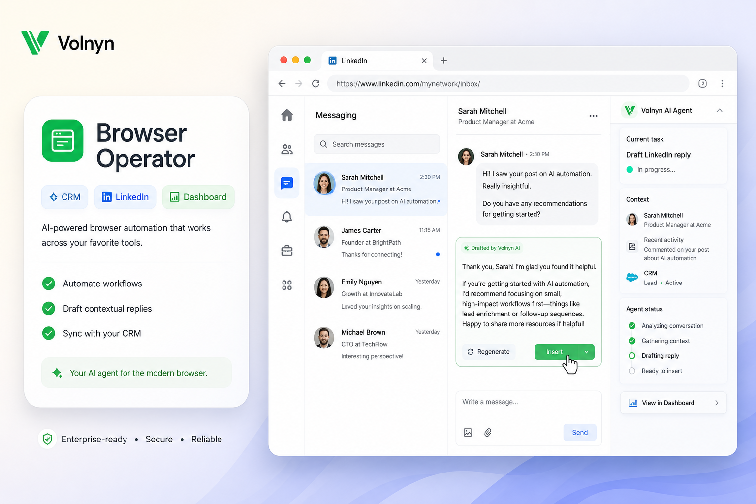 Volnyn Browser Operator — AI agent working across CRM, LinkedIn, and dashboards
