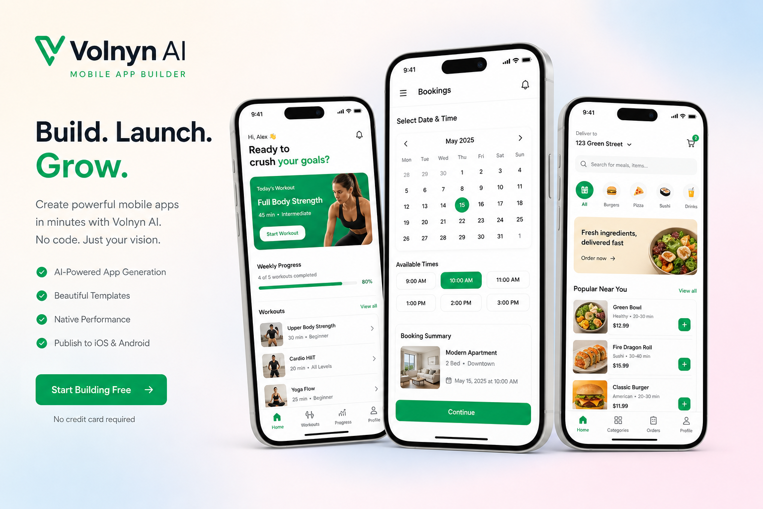 Volnyn AI mobile apps — fitness, booking, and commerce on phone screens