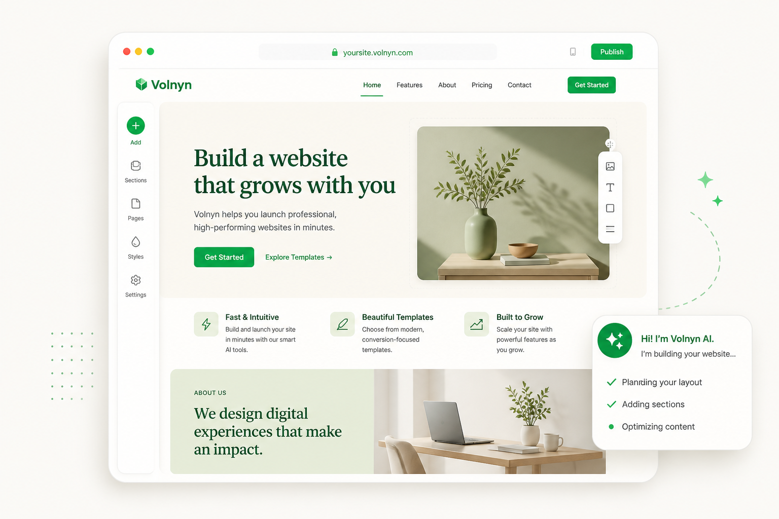 AI website builder — preview layouts and content as you refine in chat